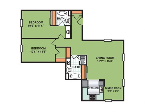 Floor plan for 2 beds, 2 baths, 1056 sqft